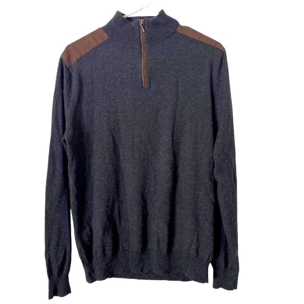 Refectory‎ London Wool Blend High Neck Knit Sweater w Leather Shoulder Patches